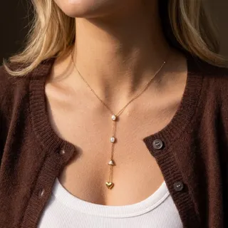Gold Y-Shape Locket Necklace with Zircon Heart Pendant, Stainless Steel 18K Gold Plated Clavicle Chain, 45+5cm Minimalist Layering Jewelry for Women