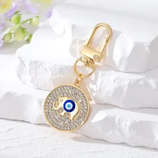 Gold Evil Eye Elephant Keychain, Rhinestone Paved Lucky Charm Bag Pendant, Alloy 18K Gold Plated Nazar Protection Keyring, 3x10cm