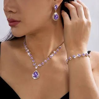 Luxury Rhinestone Teardrop Jewelry Set - 18K Gold Plated Copper Purple Zircon Necklace Bracelet Earrings 3-Piece Set for Bride Bridesmaid Evening Party