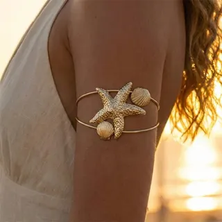 Summer Beach Starfish Shell Arm Cuff, Gold Plated Iron Double Band Bracelet, Boho Ocean Themed Armlet for Vacation & Photoshoot, Approx 8cm