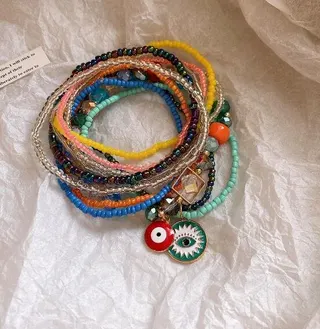 Boho Evil Eye Beaded Bracelet Set (9 Pcs) - Multicolor Stackable Strand Bracelets with Enamel Evil Eye Charm & Geometric Metal Pendant, Alloy Gold-Tone, Vacation Retro Jewelry, ~18cm