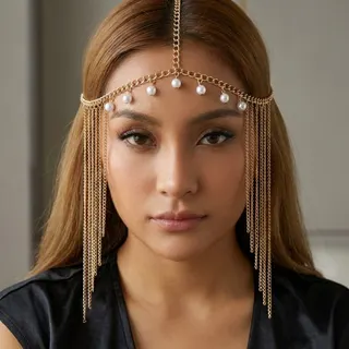 Bohemian Pearl Tassel Headpiece, Gold Alloy 18K Plated Forehead Chain Hair Accessory, Bridal Party Stage Headband, 54cm Vintage Jewelry for Women