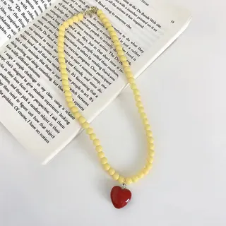 Yellow Beaded Necklace with Red Heart Pendant, Glass Beads & Alloy Clasp, Adjustable 45+5cm Sweet Girl Jewelry for Women