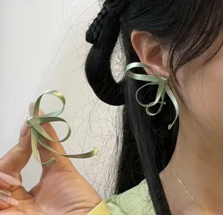 French Style Ribbon Bow Earrings - Green Satin Butterfly Knot Ear Studs, Lightweight Delicate Girlish Jewelry (Pair)
