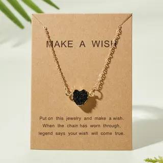 Make A Wish Heart Necklace - Black Rhinestone Heart Pendant on 18K Gold Plated Alloy Chain, Minimalist Clavicle Chain with Gift Card, Perfect Birthday Anniversary Gift for Her