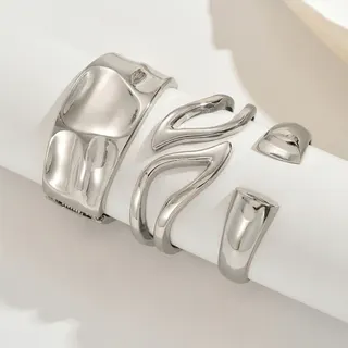 Geometric Irregular Bangle Set of 3, Open-Back Statement Ring, Zinc Alloy Polished Silver Plated, Minimalist Stacking Jewelry, 6cm