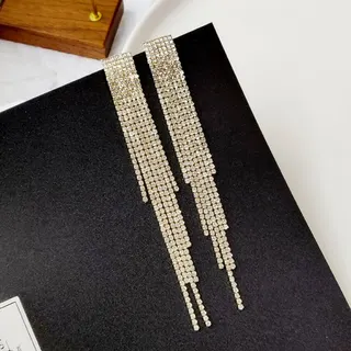Long Tassel Dangle Earrings 925 Silver Post, Gold Rhinestone Pavé Drop Earrings for Wedding Party, Hypoallergenic Statement Earrings for Women