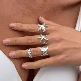 Vintage Ocean Starfish & Shell Ring Set, White Gold Plated Alloy, Adjustable Open Bangle, Boho Beach Stackable Rings for Women