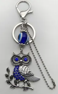 Vintage Owl Keychain, Alloy Silver Plated with Blue Bead Inlay, Bohemian Bag Charm & Key Ring, Gift Ready