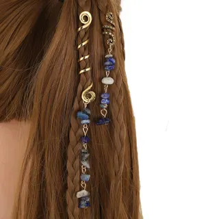 Boho Braided Hair Chain with Natural Blue & White Stones, 18K Gold Plated Spiral Hair Rope Set of 2 (8.5cm+14cm), Vintage Tassel Hair Accessory for Wedding Festival