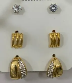 Luxury Gold Earring Set - 18K Gold Plated Alloy, Zircon Studs + Cuff Hoops + Paved Huggies, 3-Pair Hypoallergenic Fashion Earrings for Women