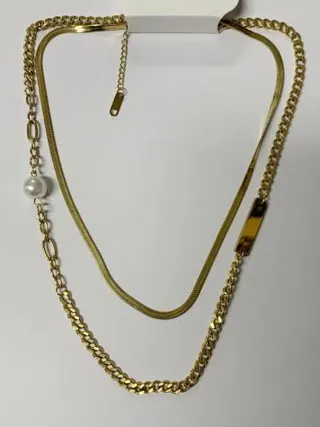 Gold Layered Necklace for Women - 18K Gold Plated Alloy Double Chain with Pearl Accent, Vintage French Style Long Pendant Chain, Adjustable Extender