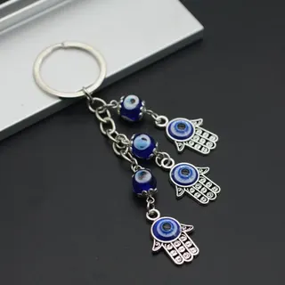 Bohemian Evil Eye Hamsa Hand Keychain - 3 Blue Eye Palm Charms with Rhinestones, Resin & Alloy Silver-Tone Bag Charm, Protective Lucky Key Ring Gift for Women