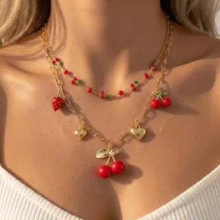 Cherry Strawberry Heart Necklace Set 2pcs, 18K Gold Plated Alloy with Crystal, Red Enamel Fruit Pendant Layered Chain Necklace for Women, Sweet French Vintage Jewelry Gift