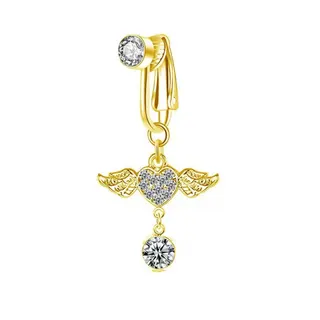 Angel Wings Diamond Belly Button Ring, No-Piercing Clip-On Navel Jewelry, Heart Shaped Paved Rhinestone with Dangling Charm, 18K Gold Plated Alloy, Gold & White Crystal
