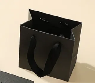 Square Gift Bag with Black Ribbon Handles - Minimalist Paper Packaging Bag 11x12x6cm for Boutique, Bakery & E-commerce Shipping