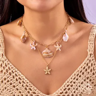 Boho Beach Shell Starfish Necklace Set, 2-Piece Layered Resin Conch & Seashell Pendant Choker, 18K Gold Plated Alloy, Summer Vacation Ocean Jewelry for Women
