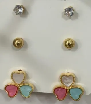 Sweet Macaron Heart Stud Earrings, 18K Gold Plated Alloy, Micro-set Zircon Round Studs, Enamel Three-Heart Design, Girly Fashion Earrings