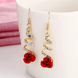 Red Rose Spiral Long Dangle Earrings, Gold-Plated Alloy with Rhinestones & Resin Flower, Romantic Elegant Drop Earrings for Women (Pair)