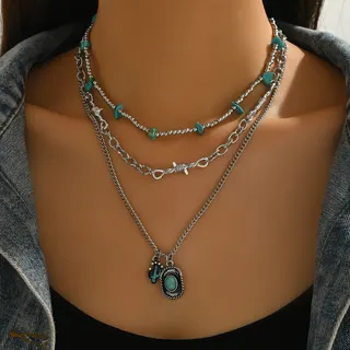 Boho Layered Necklace Set with Natural Turquoise Pendant, Vintage Multi-Chain Long Necklace for Women, 37/42/51cm Vacation Jewelry
