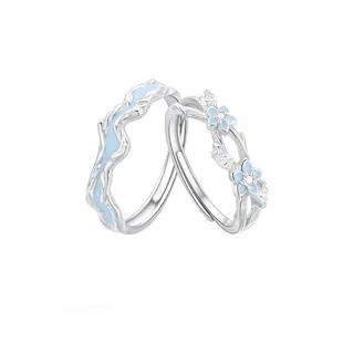 Forget-Me-Not Couple Rings Set of 2, Macaron Blue Floral Enamel & Zircon Light Luxury Band, Silver Plated Copper, 1.7cm