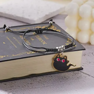 Halloween Cat Bracelet Black Braided Cord Adjustable Wristband with Alloy Enamel Bat-Wing Cat Charm Candy Tail Cute Gothic Party Gift Jewelry for Women
