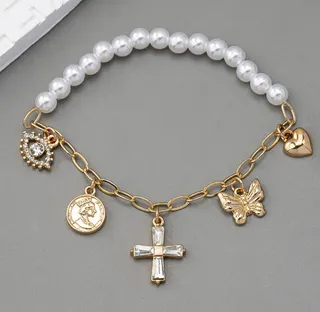 Vintage Pearl Charm Bracelet for Women - Butterfly Cross Heart Pendant, 18K Gold Plated Alloy with Imitation Pearls & Zircon, Fashion Statement Jewelry