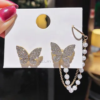Asymmetric Butterfly Earrings Women Rhinestone Pearl Drop Dangle Earrings Gold Plated Statement Jewelry