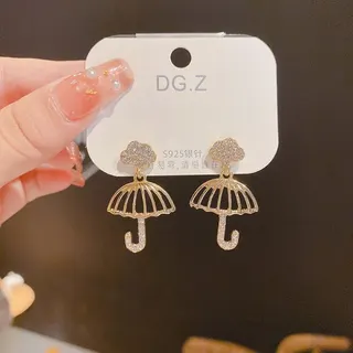 S925 Sterling Silver Post Umbrella Earrings, Gold Rhinestone Hollow Parasol Dangle Earrings, Sweet French Style Jewelry for Women, 1 Pair