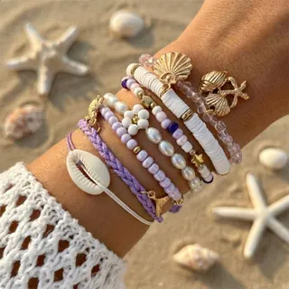 Boho Beach Shell Bracelet Set - Multi-Layer Purple Beaded & Woven Cuff with Gold-Plated Starfish & Cowrie Shell, 18cm Elastic Stackable Wristband for Summer Vacation