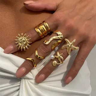 Boho Summer Gold Ring Set of 6 - Sun Starfish Shell Pearl Open Rings, 18K Gold Plated Alloy Stacking Rings for Beach Vacation