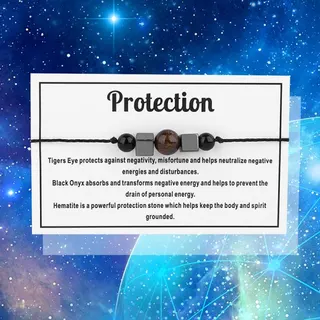 Protection Crystal Bracelet - Tiger Eye & Black Obsidian Beaded Wax Cord Bracelet, Adjustable Unisex Energy Stone Wristband 30cm