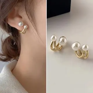Vintage Pearl Stud Earrings 2-in-1 Detachable Hoop, Imitation Pearl + 18K Gold Plated Alloy, White Double Ring Elegant French Style Ear Jewelry for Women