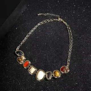 Boho Resin Necklace - Retro Oval & Square Multi-Color Stone Pendant Chain, Adjustable 40+5cm, Vintage Bohemian Collar Necklace for Women