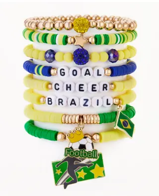 World Cup Brazil Bracelet Set - GOAL CHEER BRAZIL Letter Beads, Soccer Flag & Kicker Charm, 7-Piece Stackable Soft Clay CCB Beaded Bracelets, Fan Cheer Gift, 6-12cm