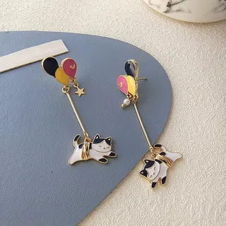 Cute Cartoon Cat Asymmetric Dangle Earrings, Colorful Balloon & Star Pearl Drop Earrings, 18K Gold Plated Alloy Long Earrings for Women Girls