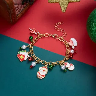 Christmas Charm Bracelet for Women - Gold Plated Alloy with Snowflake, Christmas Tree, Candy Cane, Wreath Charms & Crystal Bells, Adjustable 16+5cm Holiday Gift Jewelry