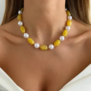 French Vintage Yellow Resin Bead Pearl Necklace, Irregular Baroque Collar Chain, Adjustable 43+5cm, Vacation Chic Jewelry for Women