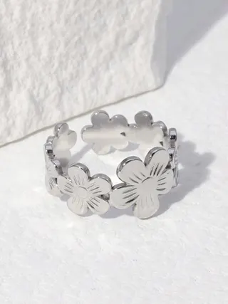 Flower Open Ring Stainless Steel Silver Polished Adjustable Five-Petal Ring Hypoallergenic Tarnish Free Stackable Ring for Women