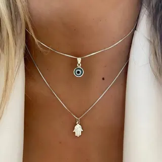 Double Layer Eye Necklace Women, Gold Plated Alloy Clavicle Chain with Blue Eye & Hamsa Hand Charm, Boho Vintage Layered Pendant Necklace 40cm+47cm