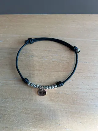 BOSS Letter Beaded Bracelet - Black Braided Cord with Alloy Alphabet Beads & Round BOSS Charm, Adjustable 16+5cm, Unisex Street Style Wristband