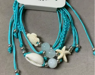 Ocean Style Shell Starfish Turtle Bracelet, Lake Blue Braided Cord with Beads, Boho Beach Vacation Adjustable Jewelry for Women Girls