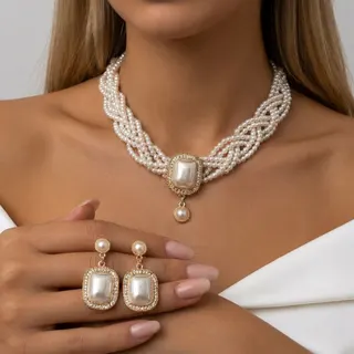 Luxury Geometric Pearl Multi-Strand Woven Necklace & Earrings Set, Square Pearl with Rhinestone, 18K Gold Plated Bridal Jewelry for Wedding & Formal Occasion