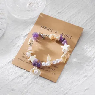 Ocean Shell Pearl Bracelet Purple Resin Bead Adjustable Boho Beach Jewelry for Women Handmade Star Shell Charm