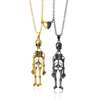 Vintage Punk Skeleton Pendant Necklace - Magnetic Hand-in-Hand Heart Couple Set, Alloy Silver & Gun Black Plated, 6.3cm Long Gothic Jewelry