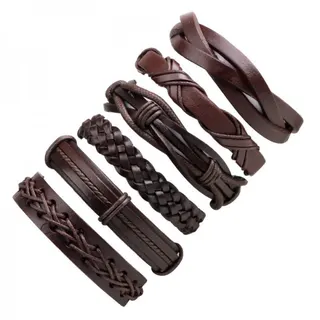 6 Pcs Men's Vintage Braided Leather Bracelets Set, Adjustable Waxed Cord Wrap Cuff, Brown Boho Neutral Style, 19-28cm