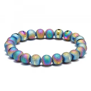 Iridescent Frosted Agate Bead Bracelet 8mm Rainbow Electroplated Semi-Precious Stone Stretch Bracelet for Women