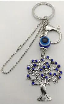 Tree of Life Keychain, Alloy Silver Plated with Blue Evil Eye Bead, Boho Wish Tree Charm, Bag & Key Ring Gift
