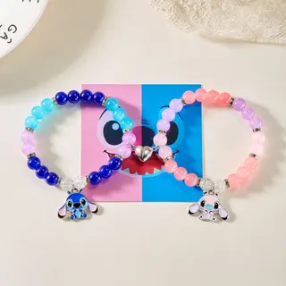 Stitch Heart Magnetic Beaded Bracelet Set for Couples, 8mm Stretchy String with Cartoon Enamel Charm & Crystal Beads, Blue & Pink 2-Piece Gift Set, Alloy Color-Protected