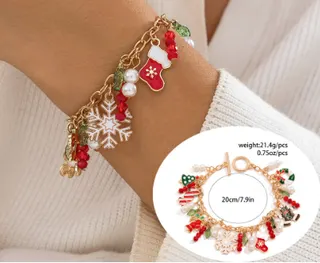 Christmas Boot & Snowflake Pearl Charm Bracelet, 18K Gold Plated Alloy, Festive Holiday Party Jewelry Gift for Women, 20cm